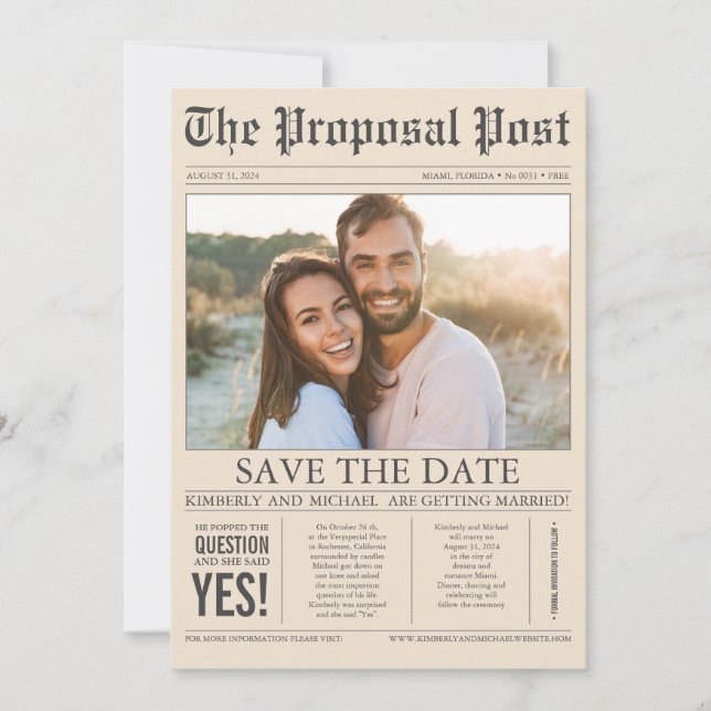 Newspaper Style Cream Brown Save the Date Photo (Front)