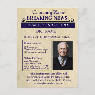 Newspaper Style Doctor Retirement Card   Custom
