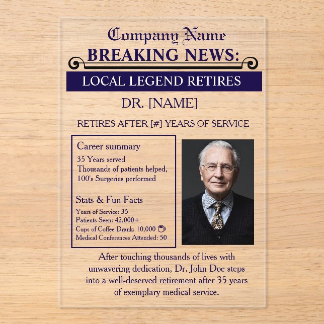 Newspaper Style Doctor Retirement Card | Custom Acrylic Invitations (Front)