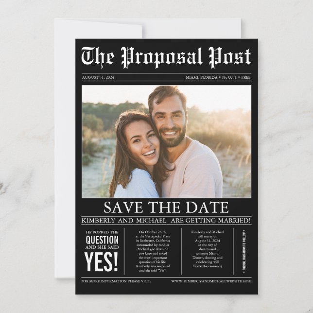 Newspaper Style Fun Black Save the Date Photo (Front)