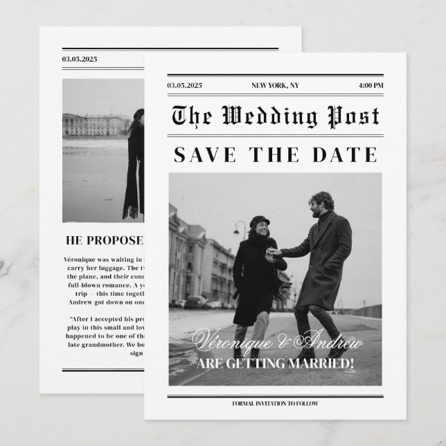 Newspaper Style Fun Save the Date Photo Invitation (Front/Back)