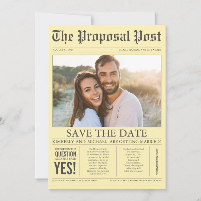 Newspaper Style Fun Yellow Save the Date Photo (Front)