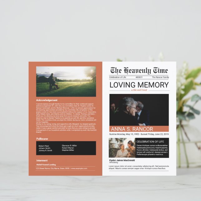 Newspaper Style Funeral Program Template (Standing Front)