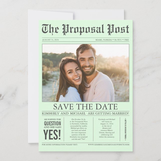 Newspaper Style Mint Green Save the Date Photo (Front)