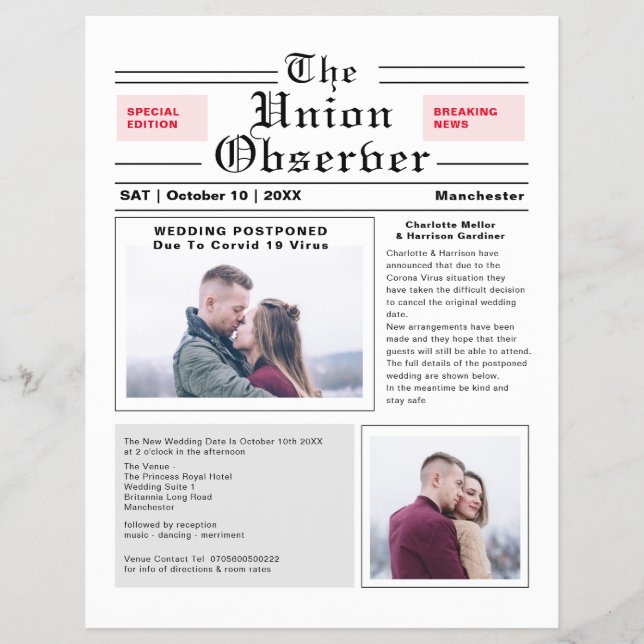 Newspaper Style Postponed Wedding Announcement Flyer (Front)