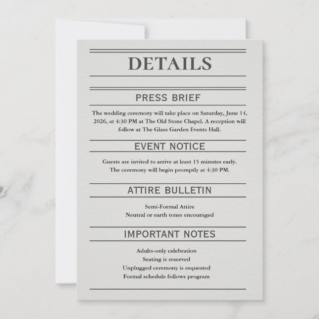 Newspaper-Style Wedding Details Card (Front)
