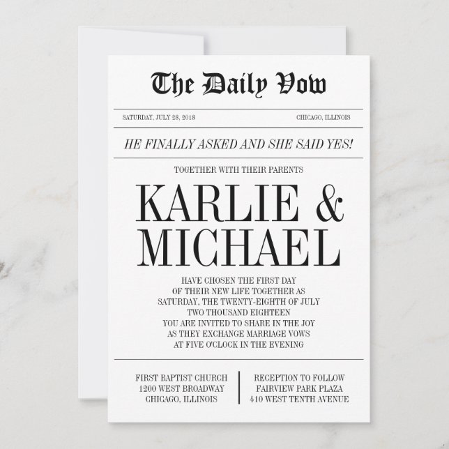 Newspaper Style Wedding Invitation (Front)