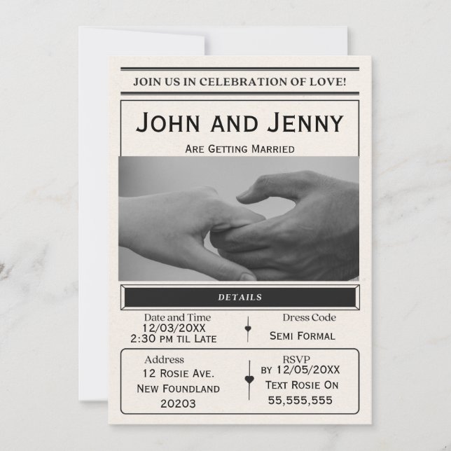 Newspaper-Style Wedding Invitation | Customisable  (Front)