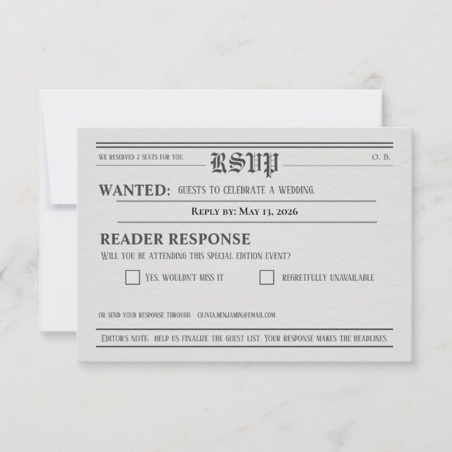 Newspaper-Style Wedding RSVP Response card (Front)