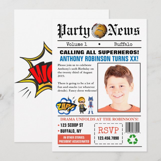 Newspaper Superhero Birthday Party photo Invite (Front/Back)