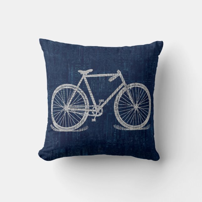 Newspaper Text Bicycle with Deep Blue Throw Pillow (Front)