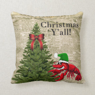 Newspaper Tree Crawfish It’s Christmas Y’all Throw Pillow
