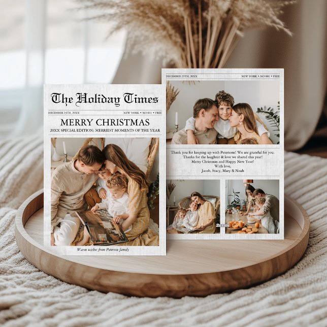 Newspaper Unique Christmas 4 Photos Family Holiday Card (Newspaper 4 Photos Christmas Card, Unique Photo Holiday Card)