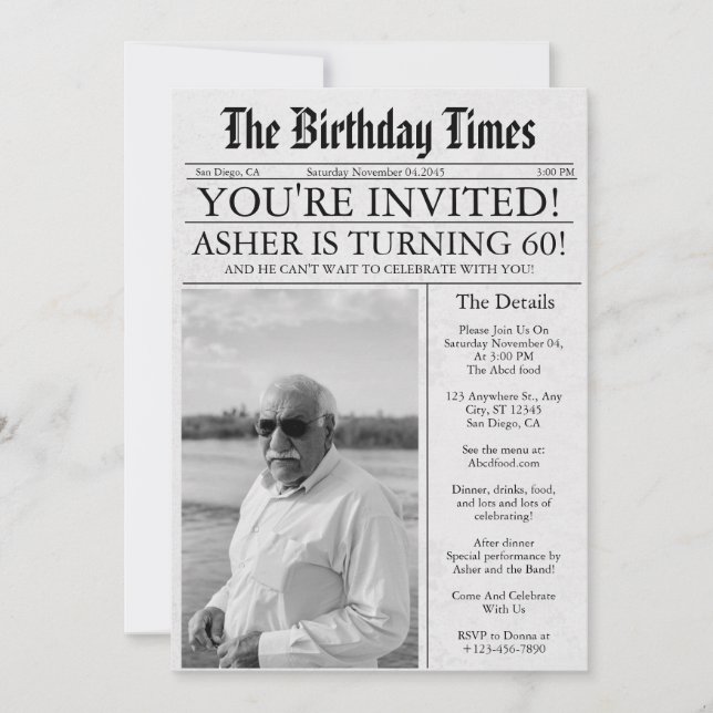 Newspaper Unique Fun 60th Birthday Photo Party  Invitation (Front)