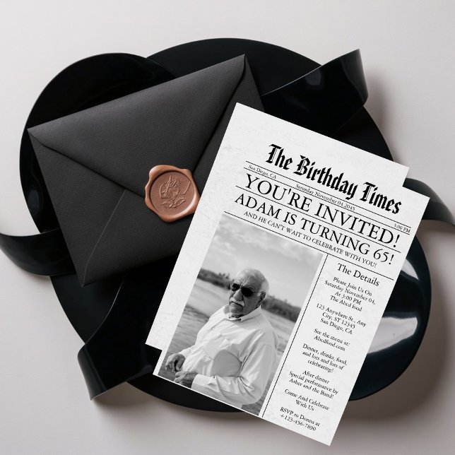 Newspaper Unique Fun 65th Birthday Photo Party  Invitation (Creator Uploaded)