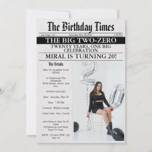 Newspaper Unique Fun Photo Girl 20th Birthday Invitation