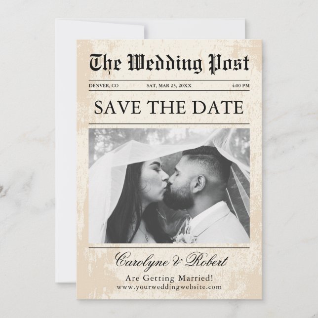 Newspaper Unique Fun Photo Save the Date Wedding Invitation (Front)
