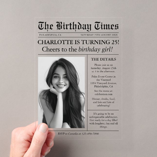 Newspaper Unique Photo 25th Birthday Acrylic Invitations (Insitu (Handheld))