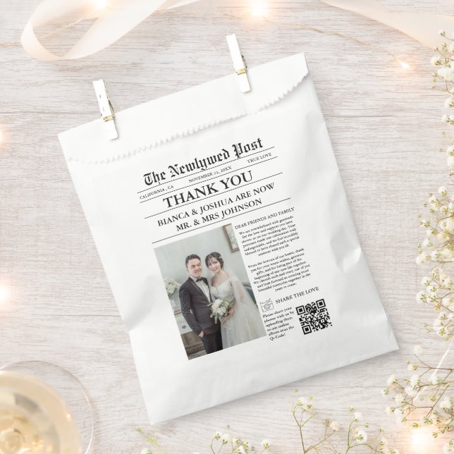 Newspaper Unique Photo Wedding Thank You  Favour Bag (Clipped)