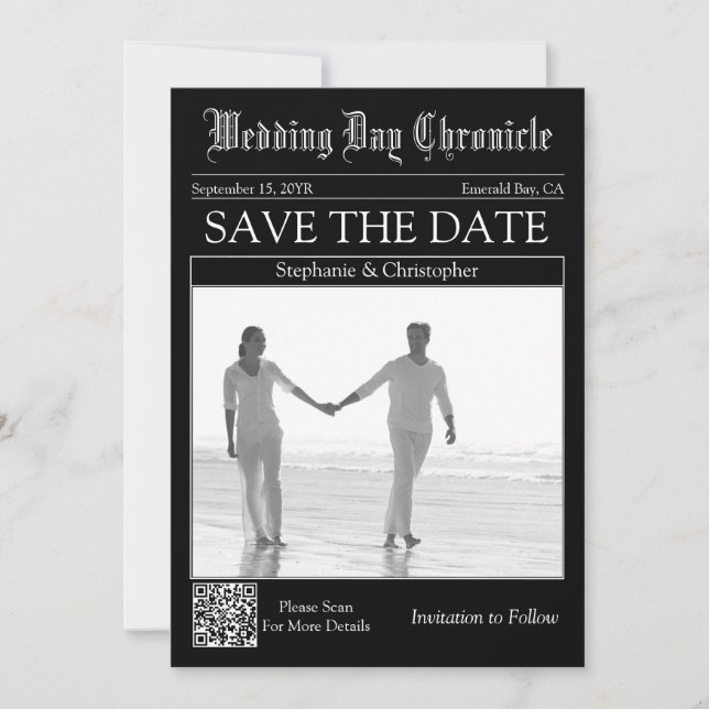 Newspaper Wedding 1 Photo QR code Save the Date (Front)