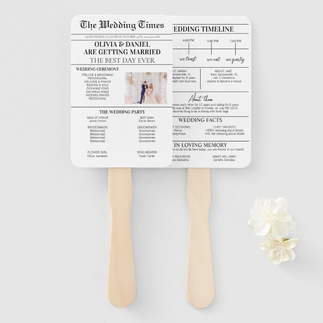 Newspaper Wedding Day Program Wedding Timeline Hand Fan (Front and Back)