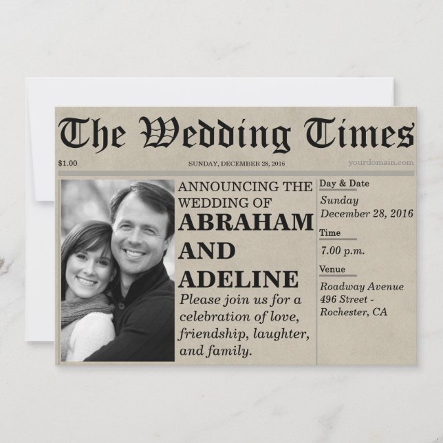 Newspaper Wedding Invitation Style (Customizable) (Front)