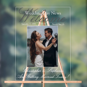 Newspaper Wedding One Photo Classic Script Welcome Acrylic Sign