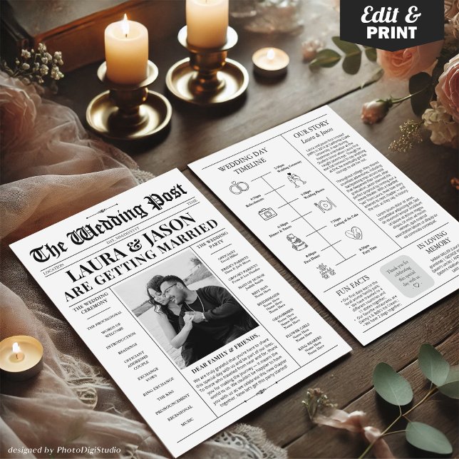 Newspaper Wedding Program Black and White Programs (Newspaper Wedding Program with Timeline Flyer)