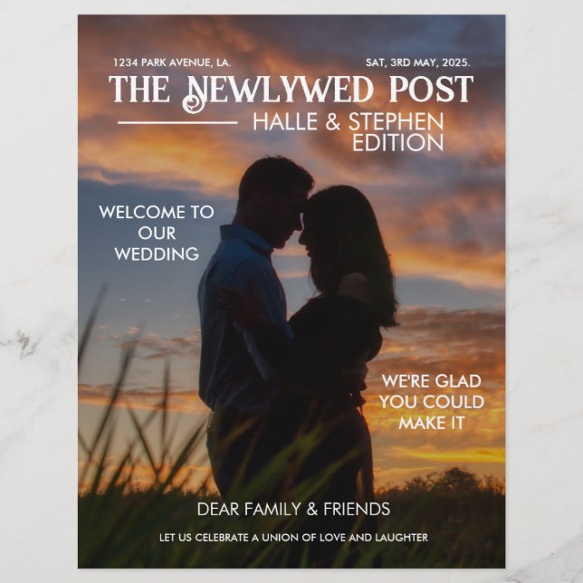 Newspaper Wedding Program Photo Modern Fun Facts (Front)