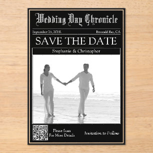 Newspaper Wedding QR code Acrylic Save the Date Invitations