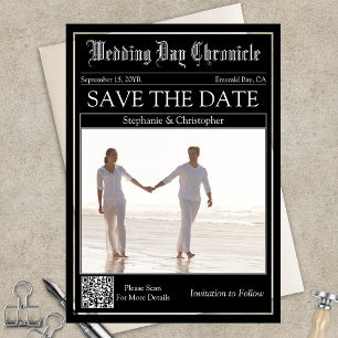 Newspaper Wedding QR Code Acrylic Save the Date Invitations
