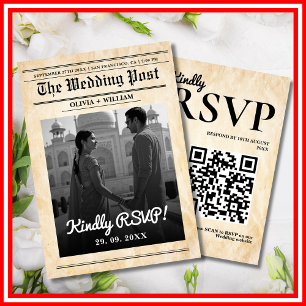 Newspaper Wedding Rustic Elegant QR Code RSVP Card
