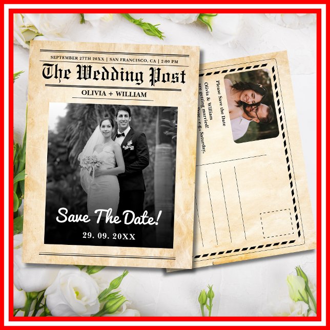 Newspaper Wedding Rustic Elegant Save The Date Postcard (Creator Uploaded)