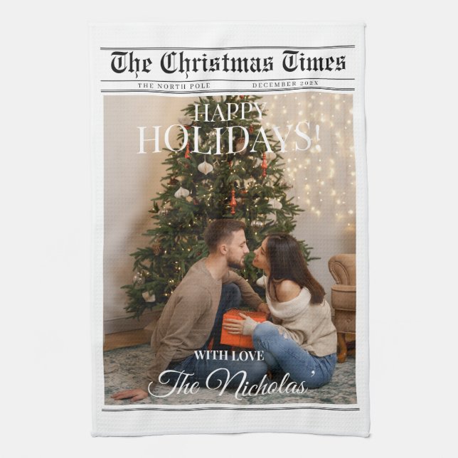 Newspaper What A Year Black White Photo Christmas Kitchen Towel (Vertical)