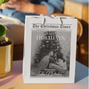 Newspaper What A Year Black White Photo Christmas Medium Gift Bag