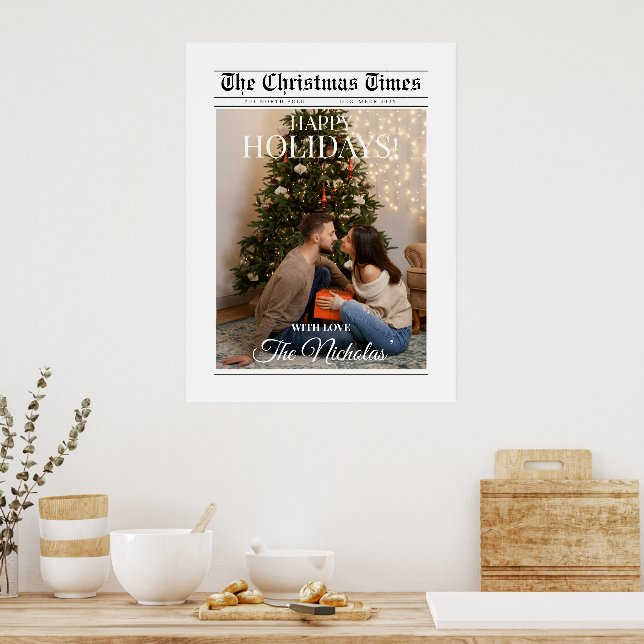 Newspaper What A Year Black White Photo Christmas Poster (Kitchen)