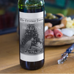 Newspaper What A Year Black White Photo Christmas Wine Label