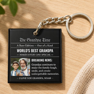 Newspaper World's Best Grandpa Photo Black White Keychain