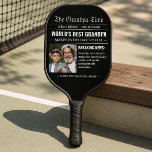 Newspaper World's Best Grandpa Photo Black White Pickleball Paddle