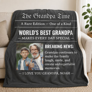 Newspaper World's Best Grandpa Photo White Black Fleece Blanket