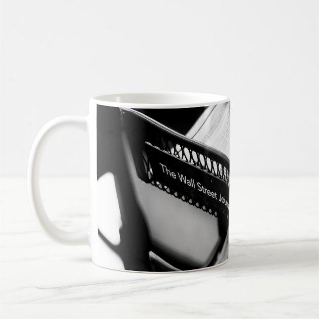 NEWSPAPERS ON THE WALL STREET JOURNAL RACK COFFEE MUG (Left)