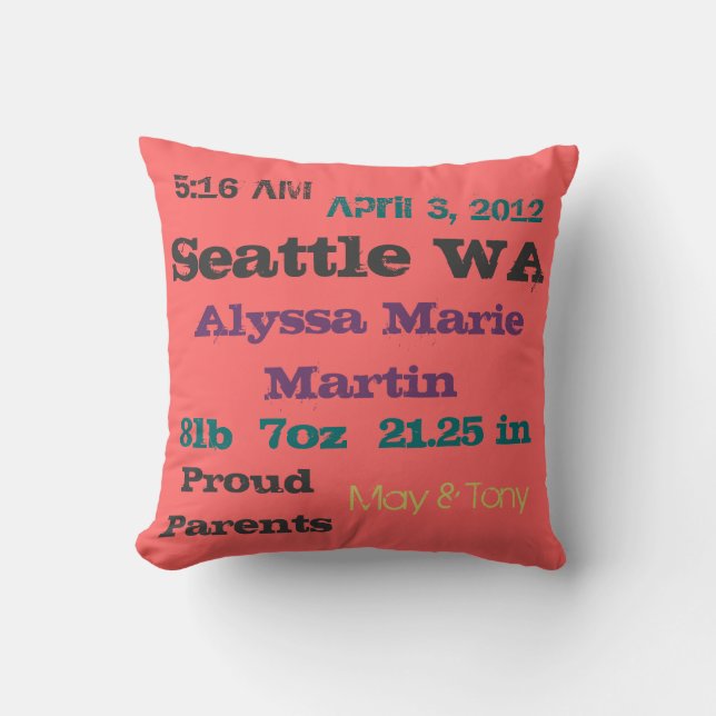 Newsprint Birth Announcement Throw Pillow (Front)