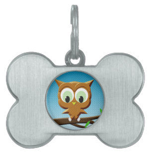 Newsprint Cartoon Owl Pet Name Tag