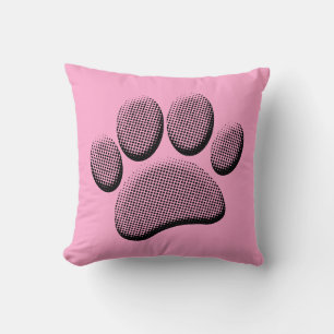 Newsprint Halftones Cartoon Dog Paw Prints On Pink Throw Pillow