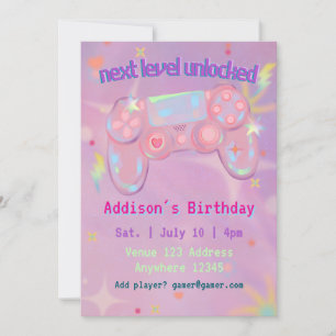 Next Level Unlocked, Pink Gamer Birthday Invitation