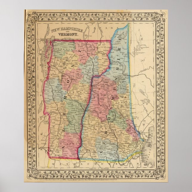 NH, Vermont Map by Mitchell Poster (Front)