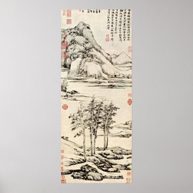 Ni Zan - trees in a river valley in Yu-shan Poster (Front)