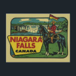 Niagara Falls Canada Vintage Travel with Mountie Postcard<br><div class="desc">Niagara Falls Canada vintage travel decal from the 1950s reproduced on a postcard. The image shows a Canadian mountie on a a horse with the falls in the background. Cool retro art celebrates history.</div>