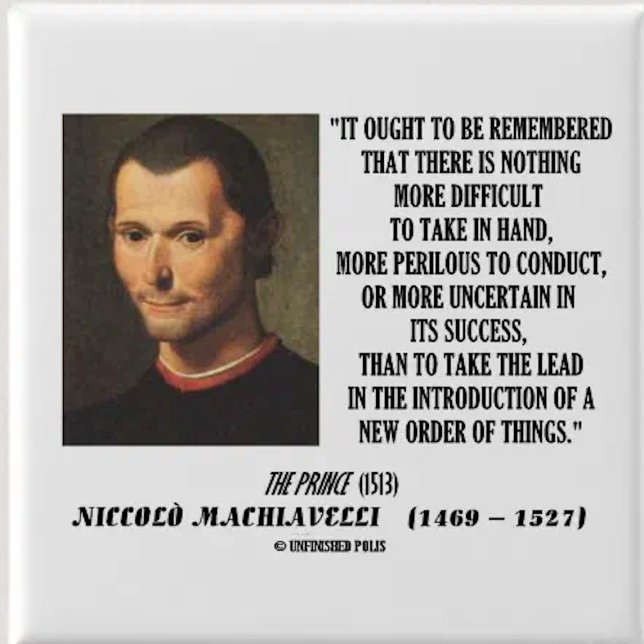 Niccolo Machiavelli New Order Of Things Quote 2 Inch Square Button (Timeless observation by political scientist Machiavelli that's applicable in our modern times)