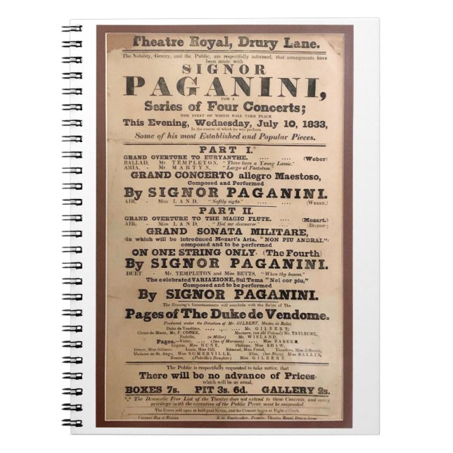 Niccolò Paganini concert poster Drury Lane London Notebook (Front)